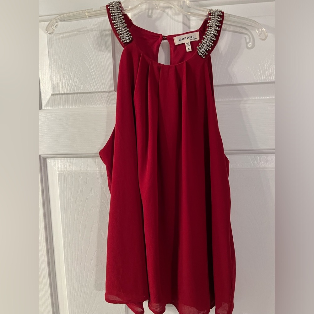Crimson red halter top with beading and crystals. Size Large. EUC